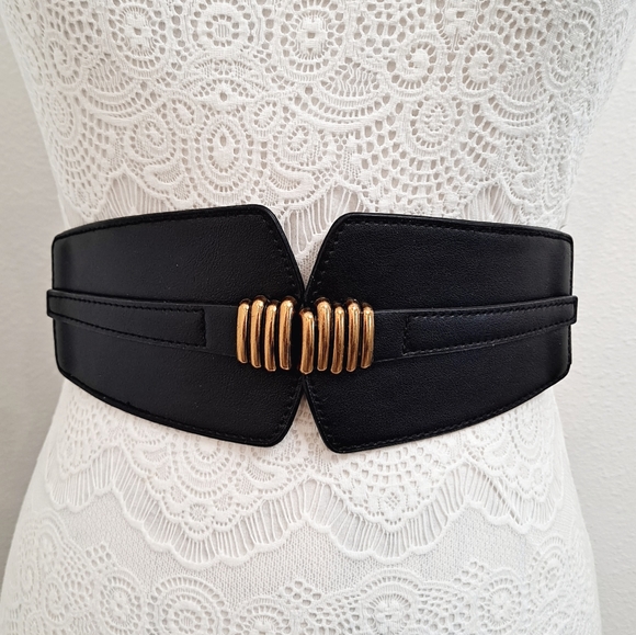 Womens Black Vintage corset boho elastic wide Faux leather gold stick waist belt - Picture 3 of 11